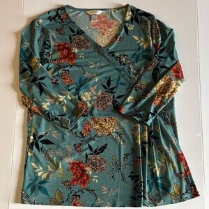 Christopher & Banks Teal Floral V-Neck Wrap Top